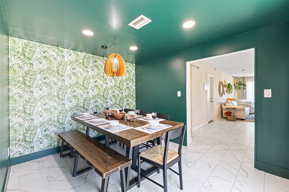 Dining table for 8 guests — big meals, game nights, and good times.