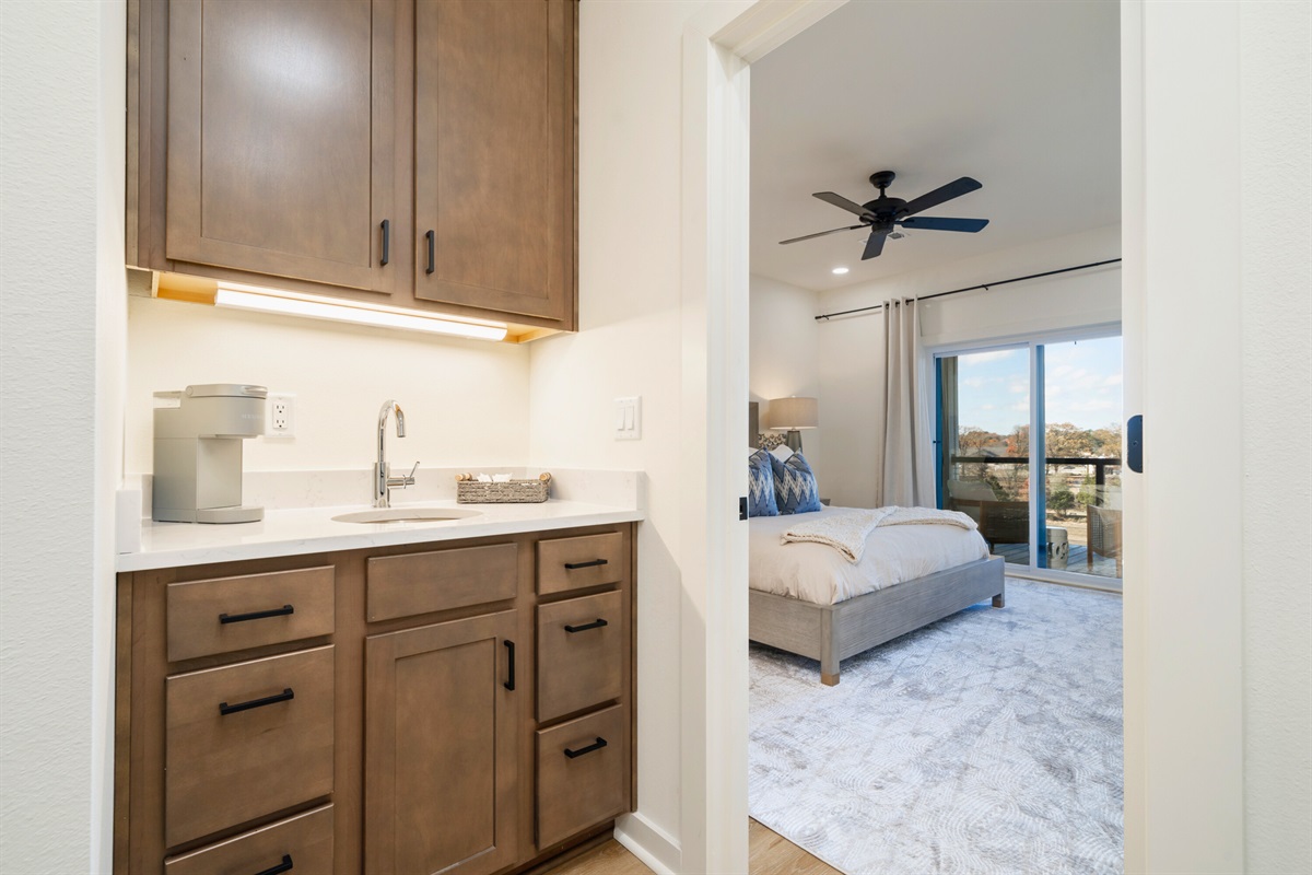 Wet Bar with Coffee Maker Outside the Primary Bedroom