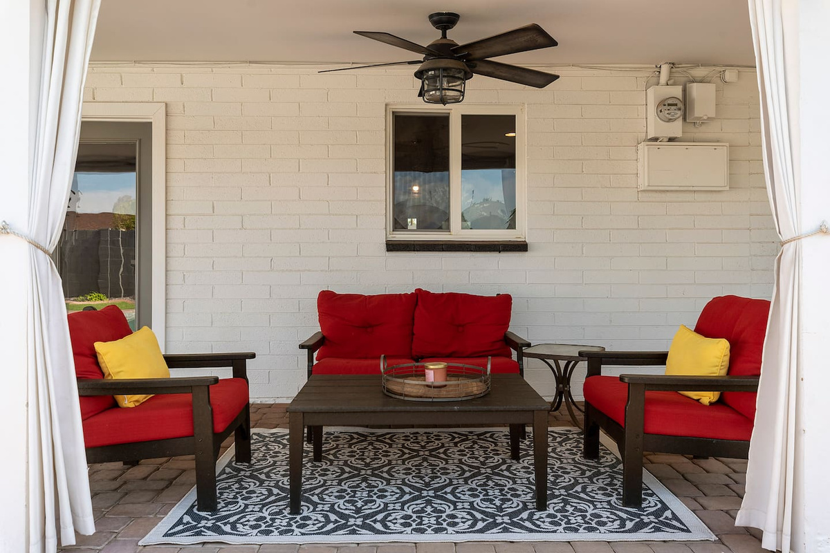 Polywood Patio set. Cool to the touch, holds up in hot weather, and comfortable with sunbrella cushions.