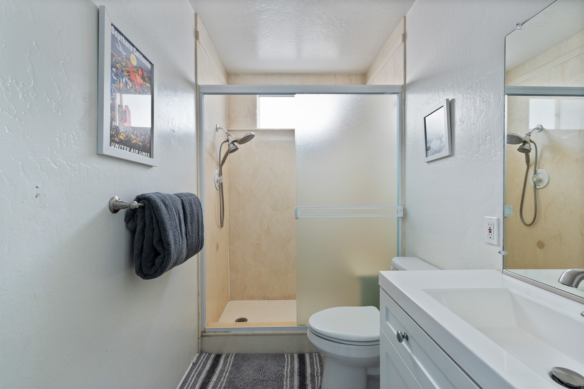 Bathroom with shower and essential amenities