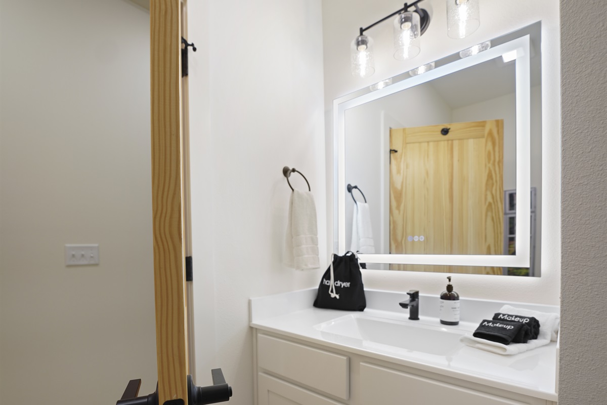 Lighted LED mirror and all the amenities you need to get ready for the day