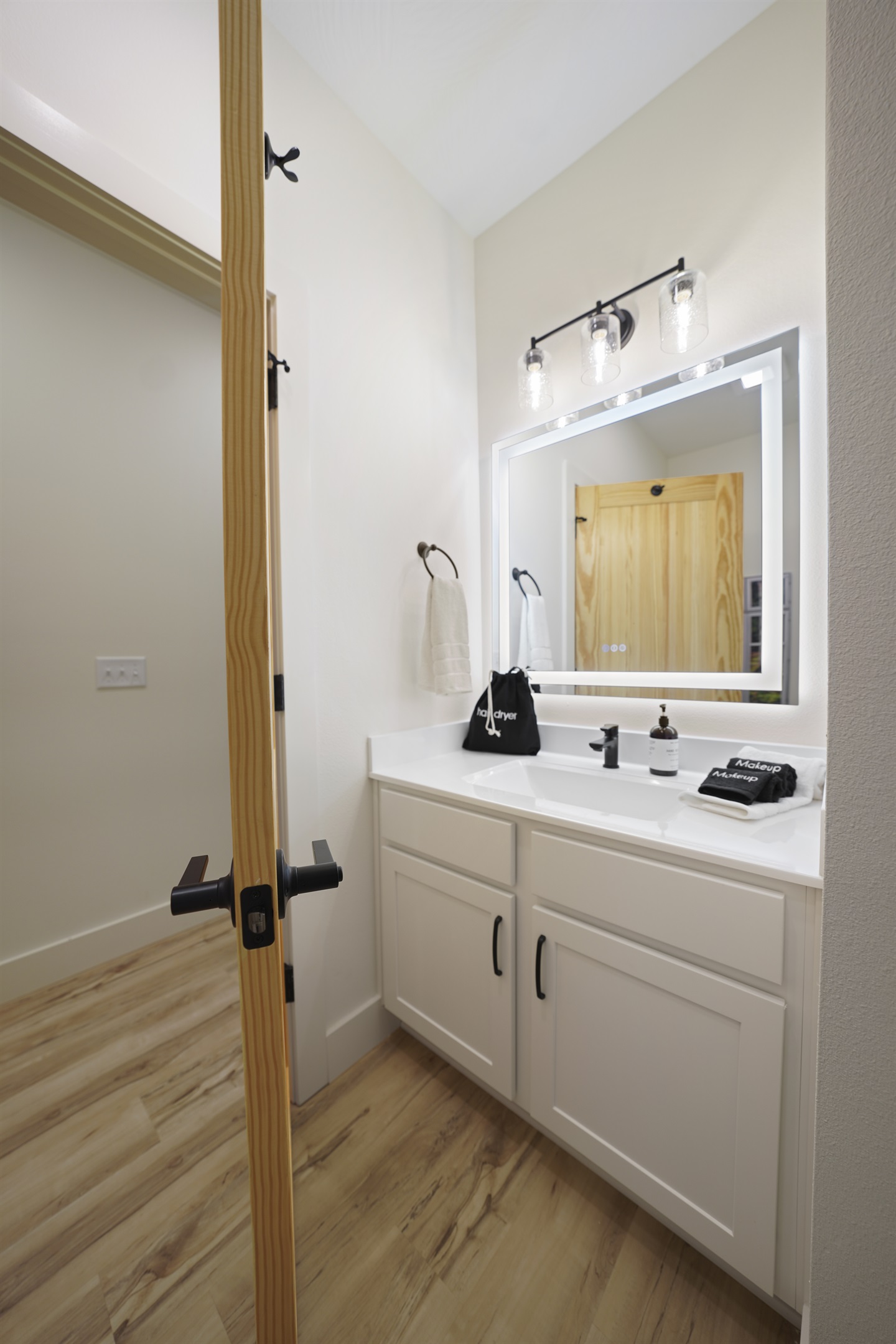 Lighted LED mirror and all the amenities you need to get ready for the day
