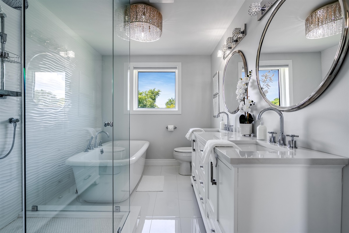 A bathroom where glamour meets calm.