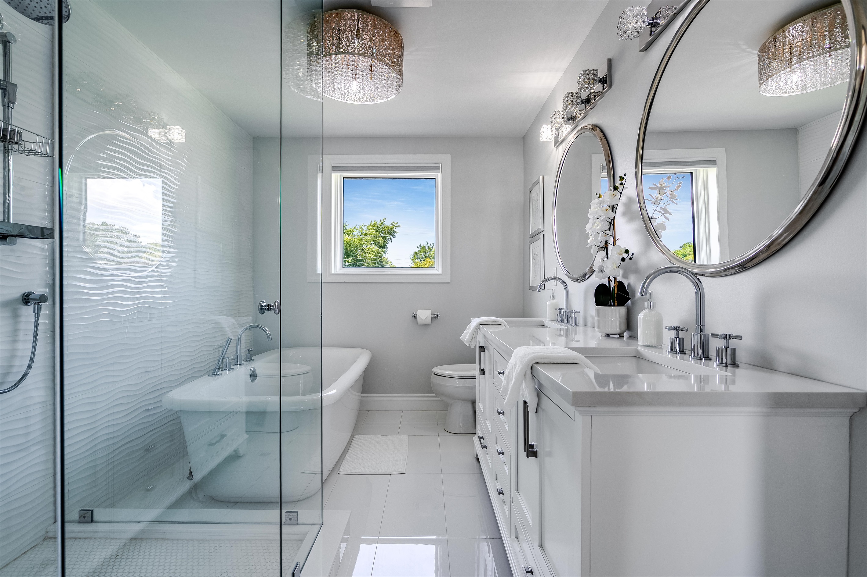 A bathroom where glamour meets calm.