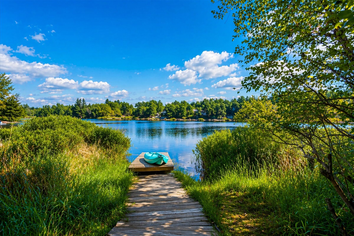 Paddle out and unwind in the peaceful lake from the private dock, surrounded by nature's calm