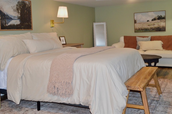 Open layout with queen bed and comfortable seating area