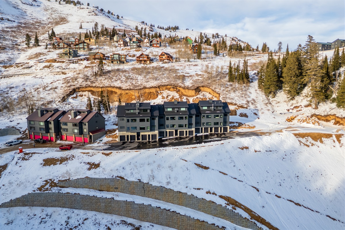 Aerial winter view—your Powder Mountain condo community in the snow.