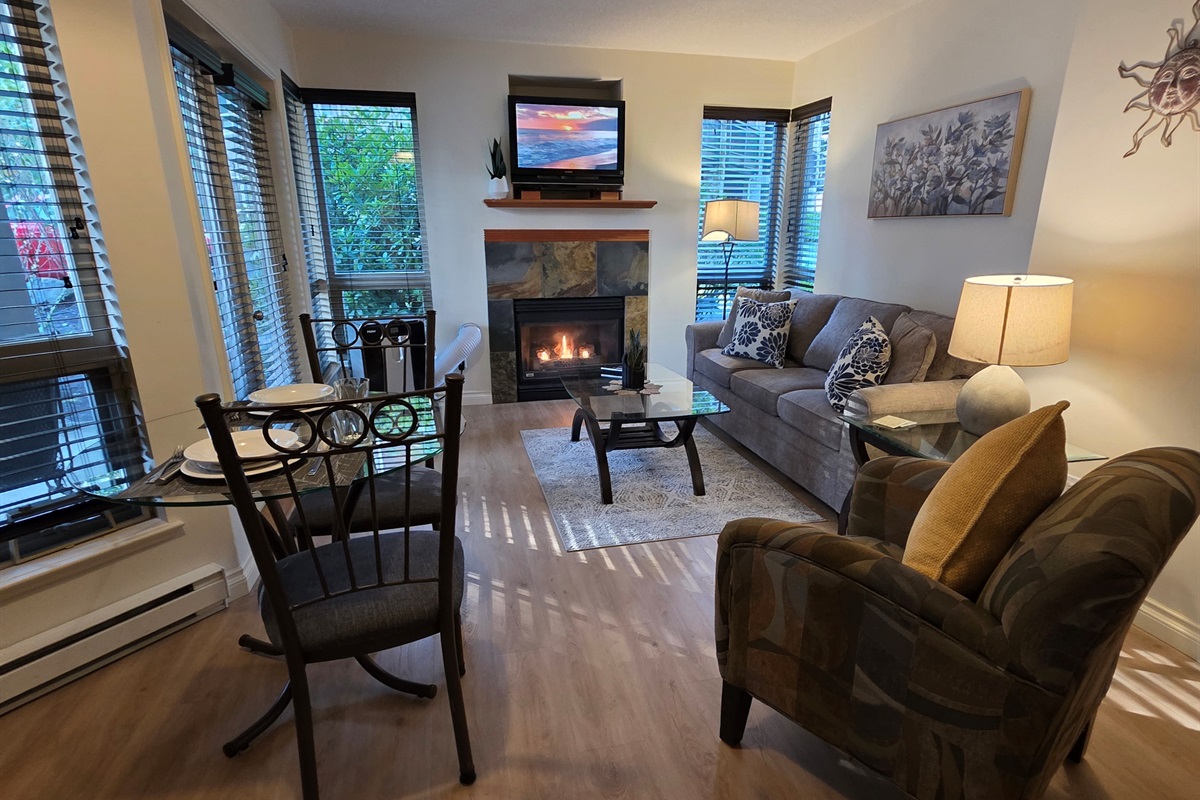 Main Floor. Streaming TV. Double glass doors. AC unit / natural gas fireplace. Covered Patio. Open concept. Roomy and spacious. Queen pull out sofa for extra Guests.