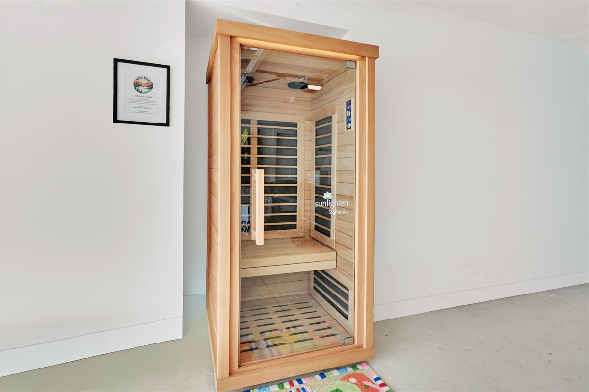 Full-spectrum infrared sauna next to the game room for a spa-like experience.