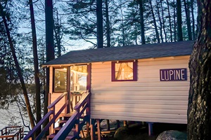Exterior of the cabin in the woods with sunset