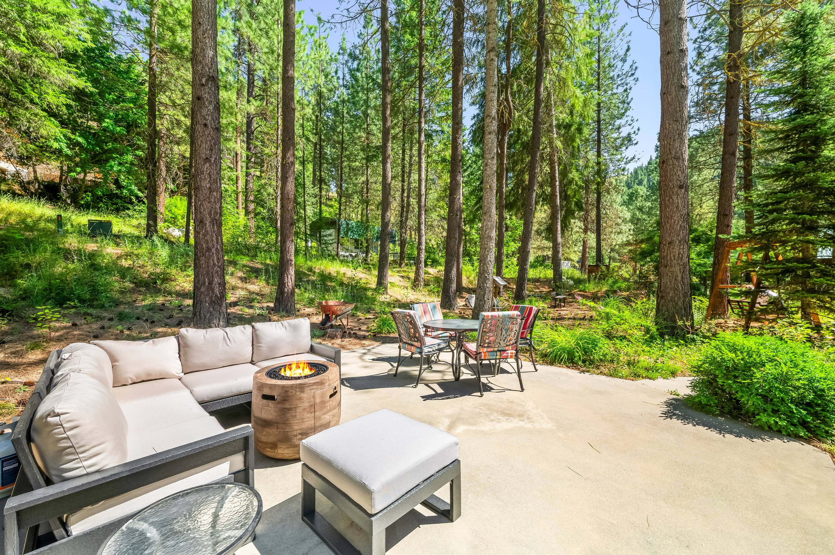 Patio with seating and fire table