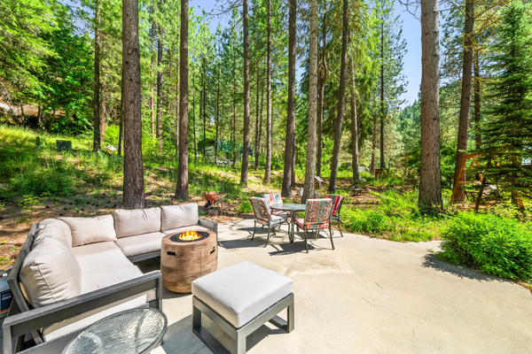 Patio with seating and fire table