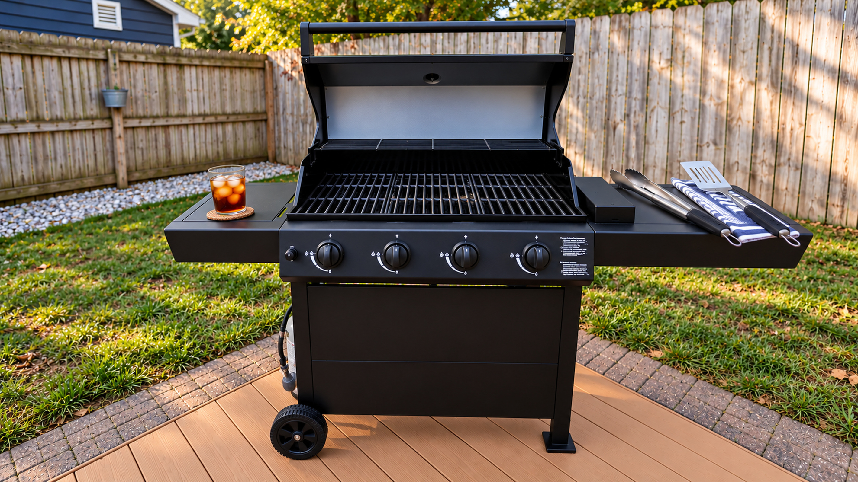 Fire up the grill and enjoy a backyard barbecue! Simon’s Court features a four-burner propane grill with grilling utensils, perfect for cookouts with family and friends.