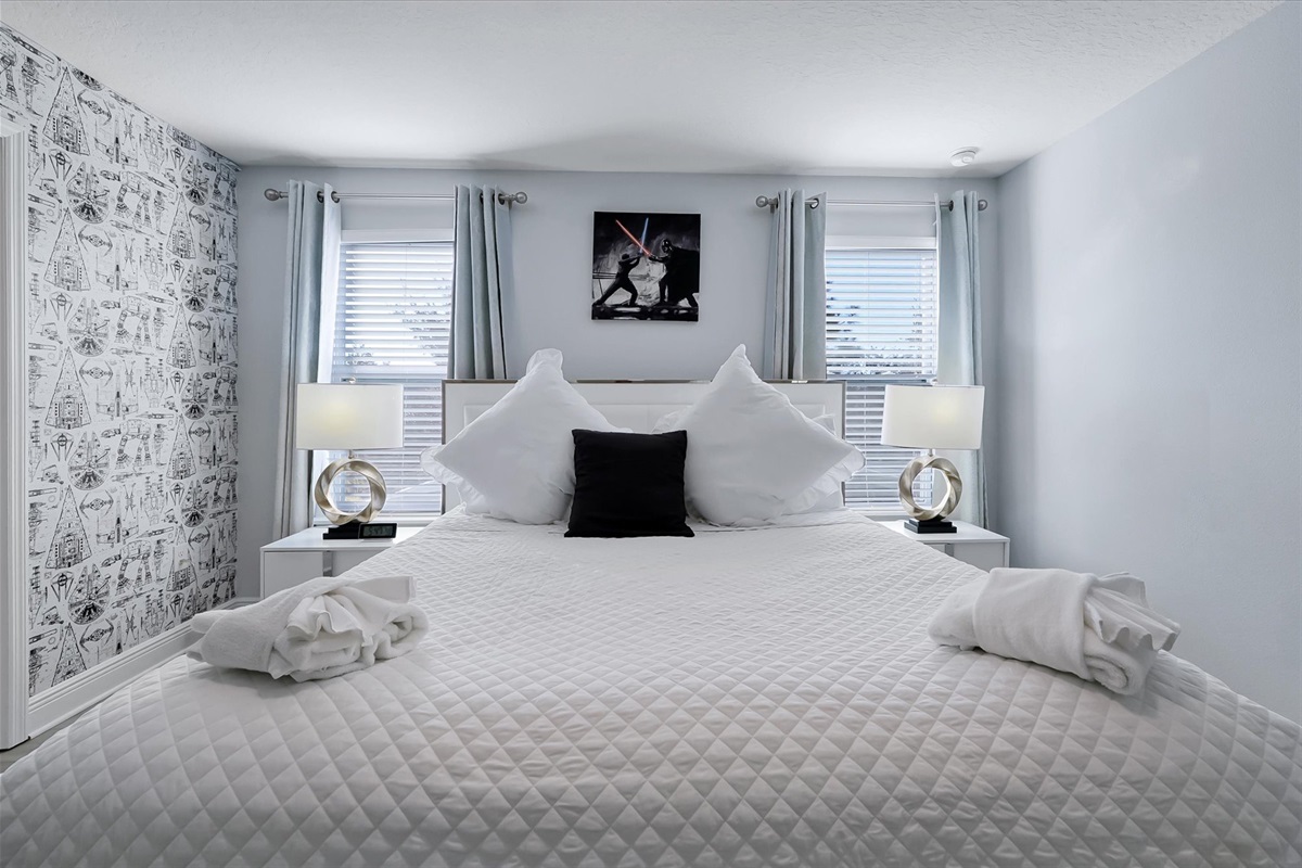 A king size bed awaits travelers from a distant galaxy.