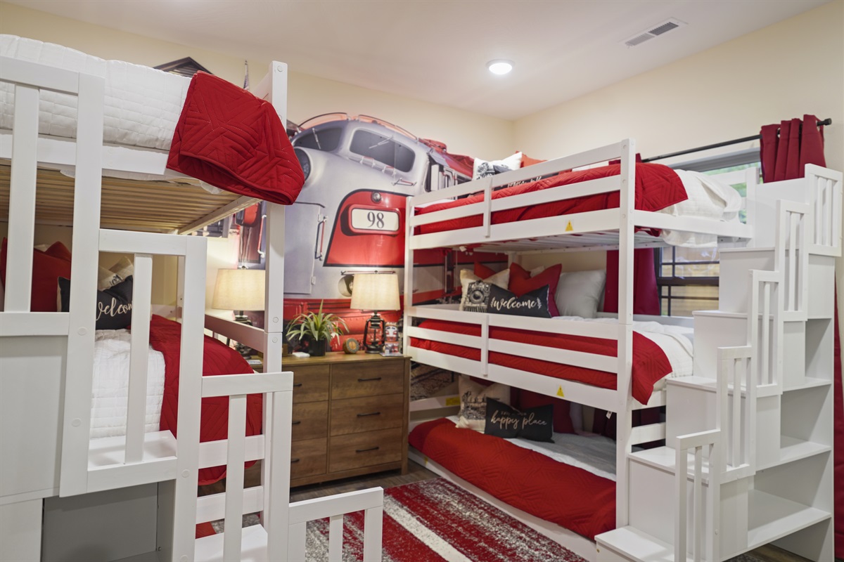 The bunk beds have hand steps and storage built in
