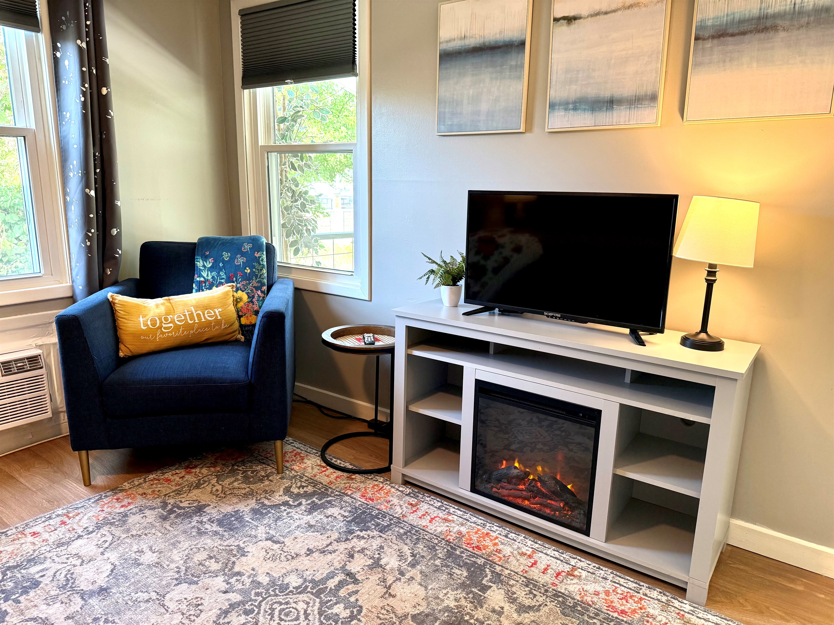 Electrice fireplace for ambiance.