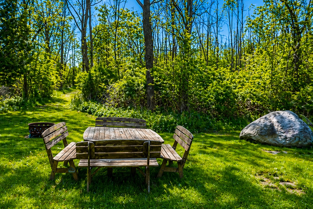 Unwind at the rustic picnic table or gather around the fire pit, all tucked beside a quiet forest trail 🔥🍃