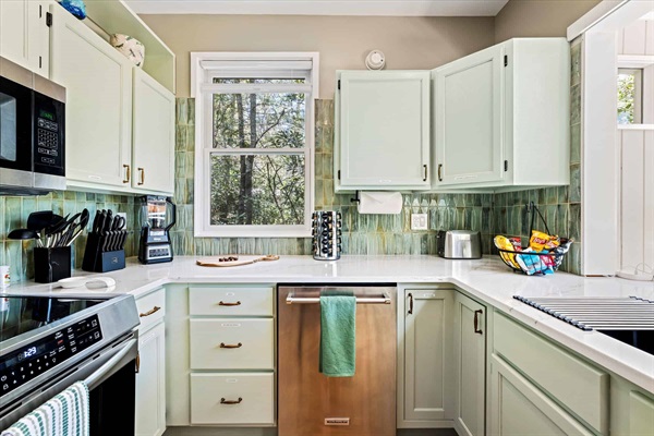 There is plenty of counter space to prepare meals.