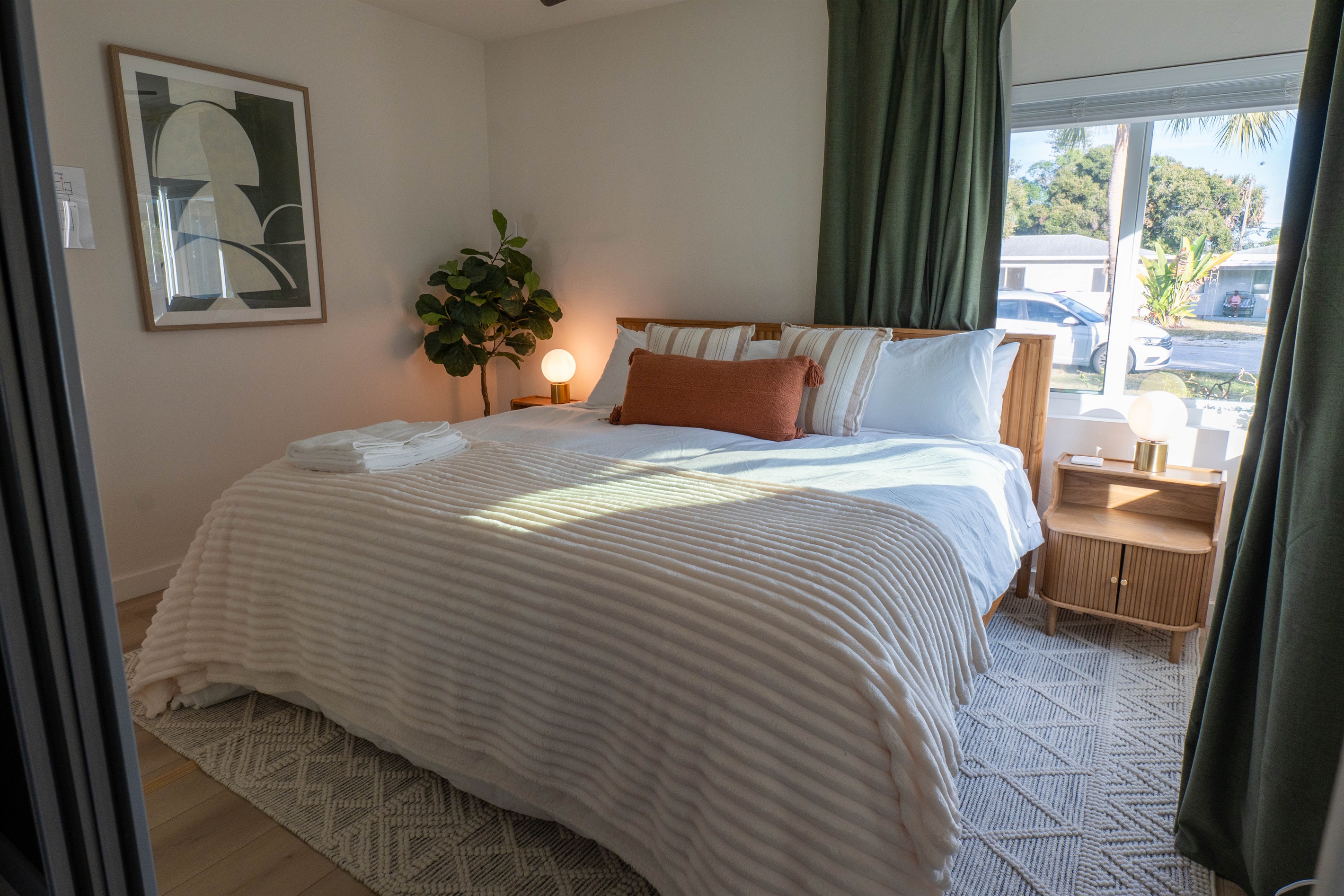 Calm sleeping space and warm bedside lighting