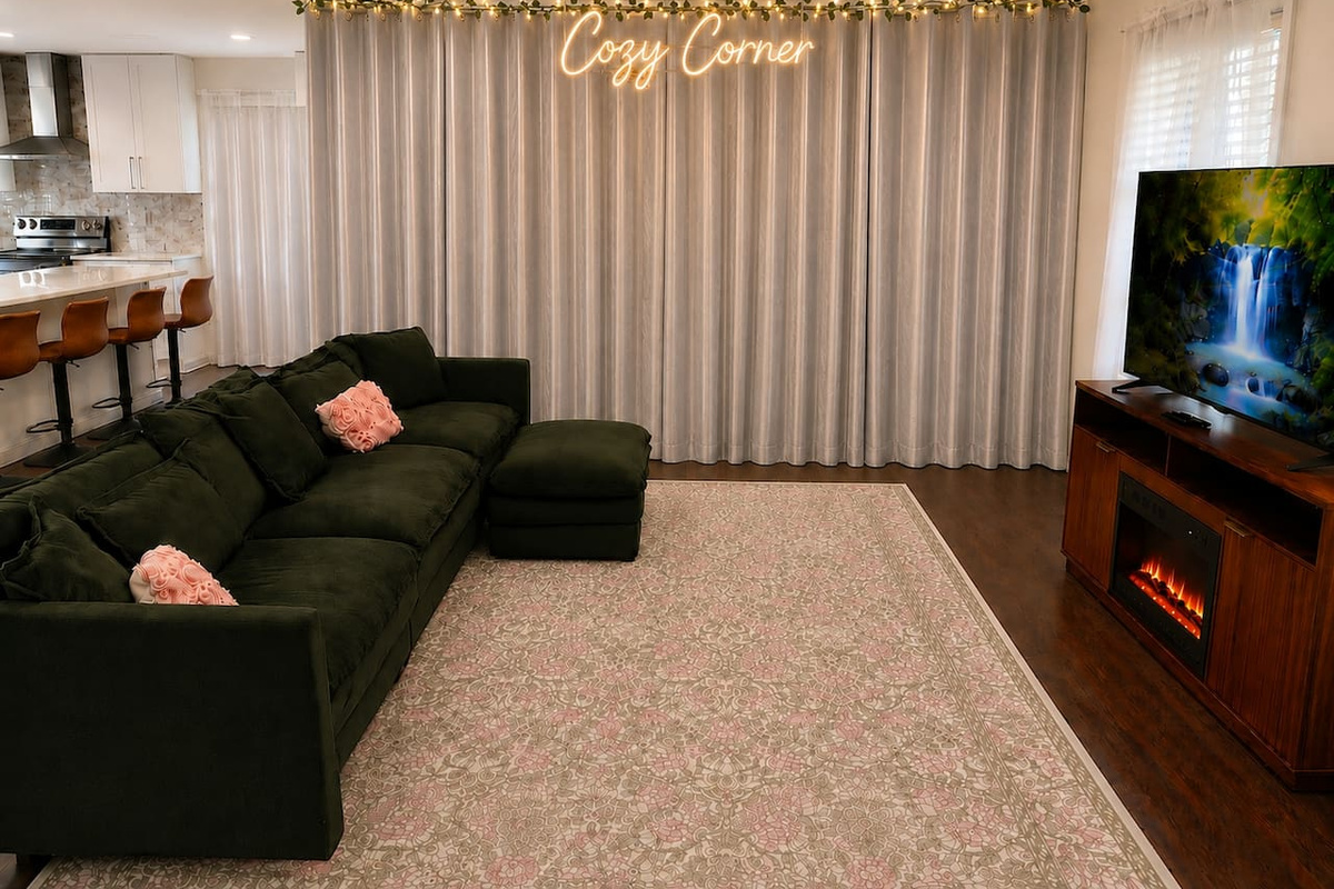 Living room + Cozy Corner Lounge Area (curtains closed)