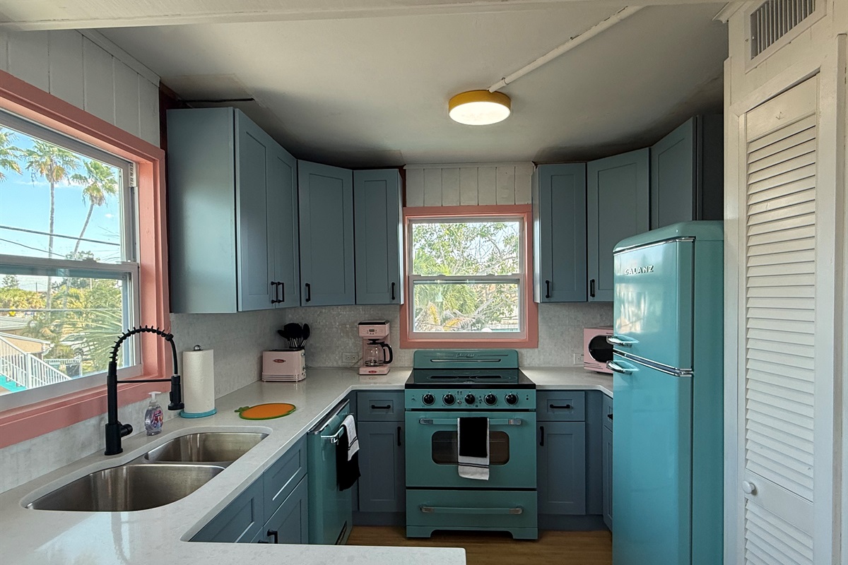 Retro Kitchen with Pale Blue, Sea Foam & Pink Appliances