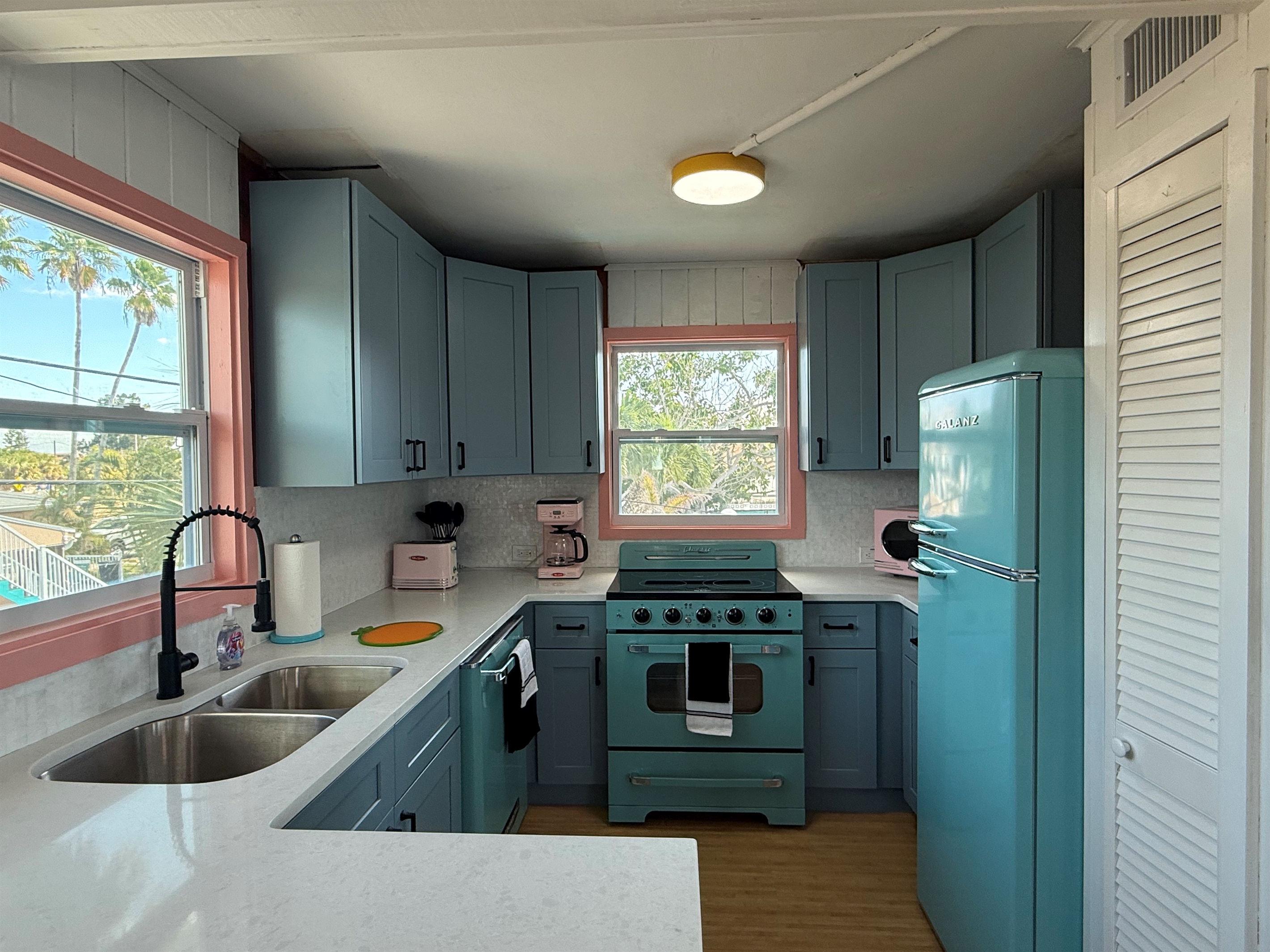 Retro Kitchen with Pale Blue, Sea Foam & Pink Appliances