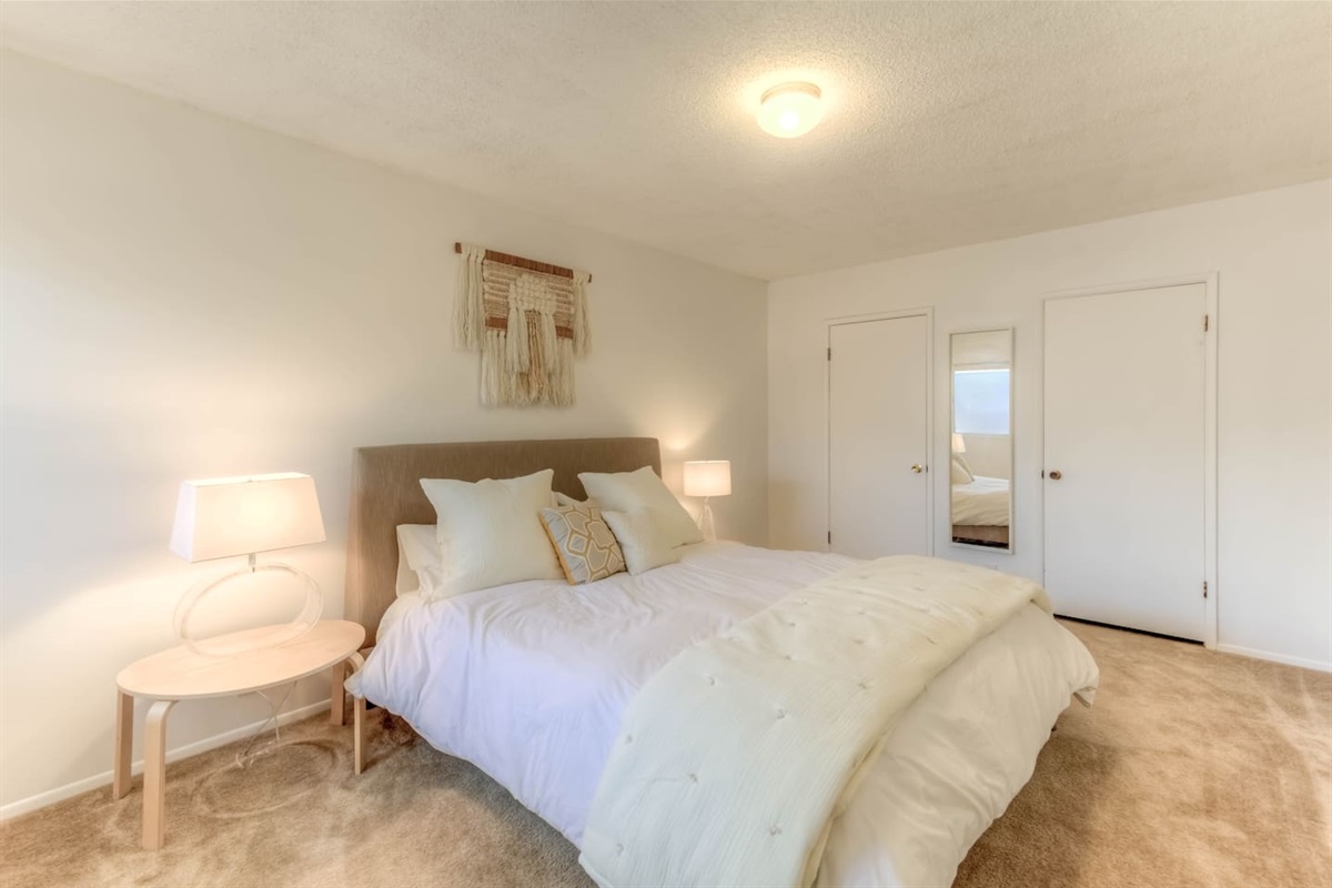 master bedroom with king bed and walk-in closet, ensuite bathroom, room darkening shades