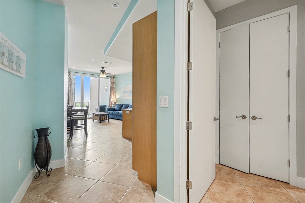 Laundry with full sized stacked washer/dryer