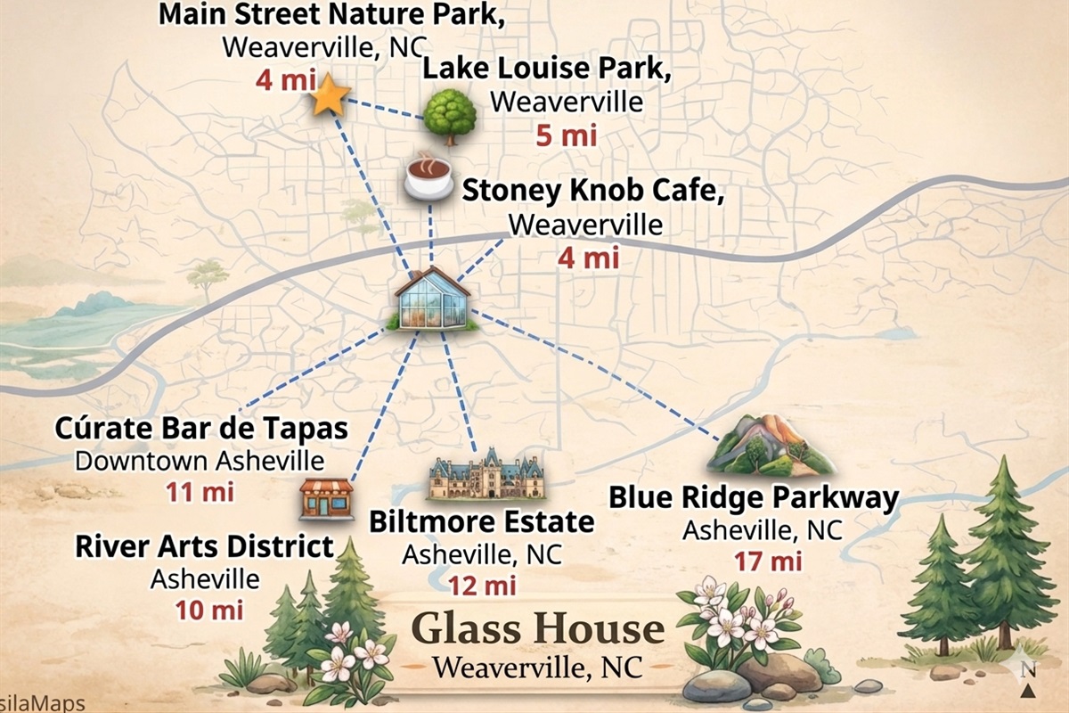 {Location} Tucked into the mountains, yet just minutes from Asheville’s best restaurants, breweries, and iconic destinations — 12 min to the Biltmore and 15 min to downtown Asheville.