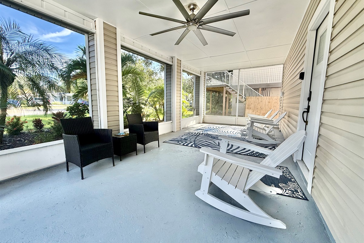 Rocking chairs and lounge seating make this the perfect spot for conversation or quiet reflection.