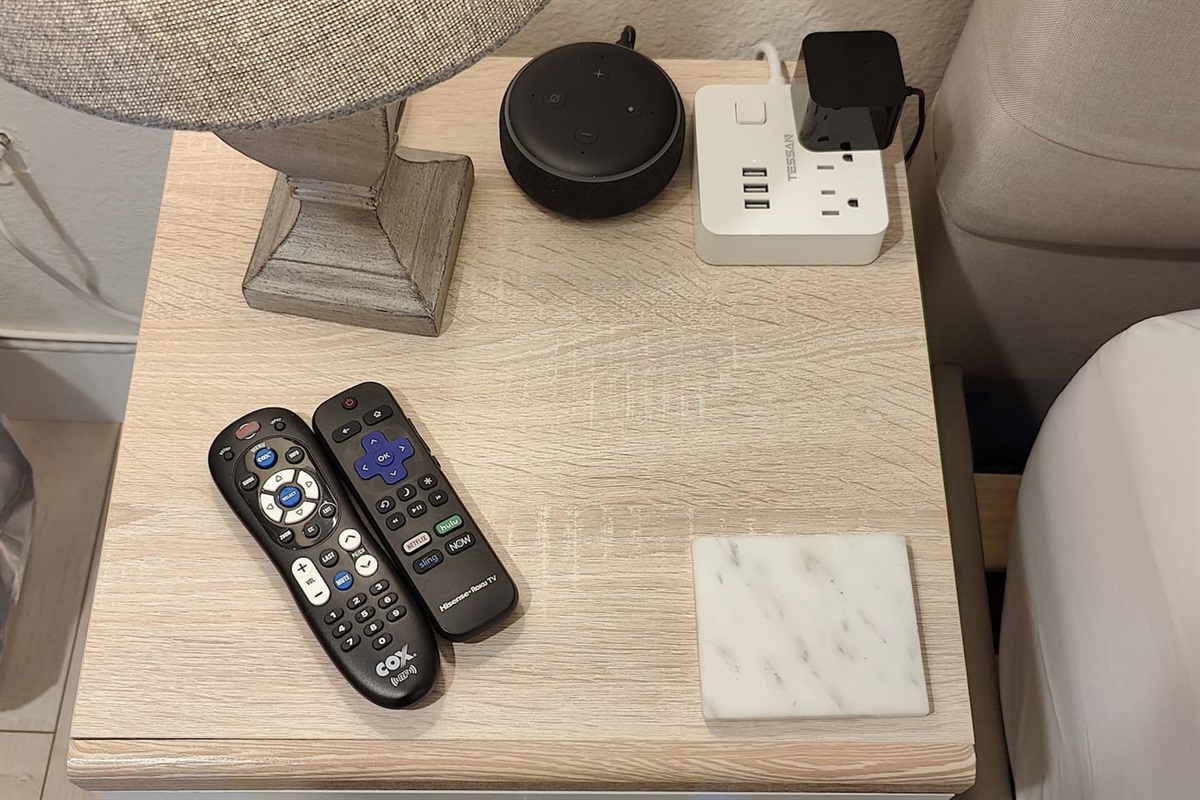 Charging station on each side of bed.