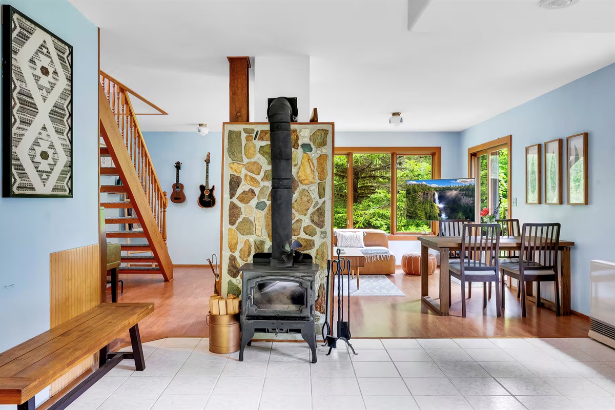 A wood burning fireplace to keep you and warm and cozy during your stay