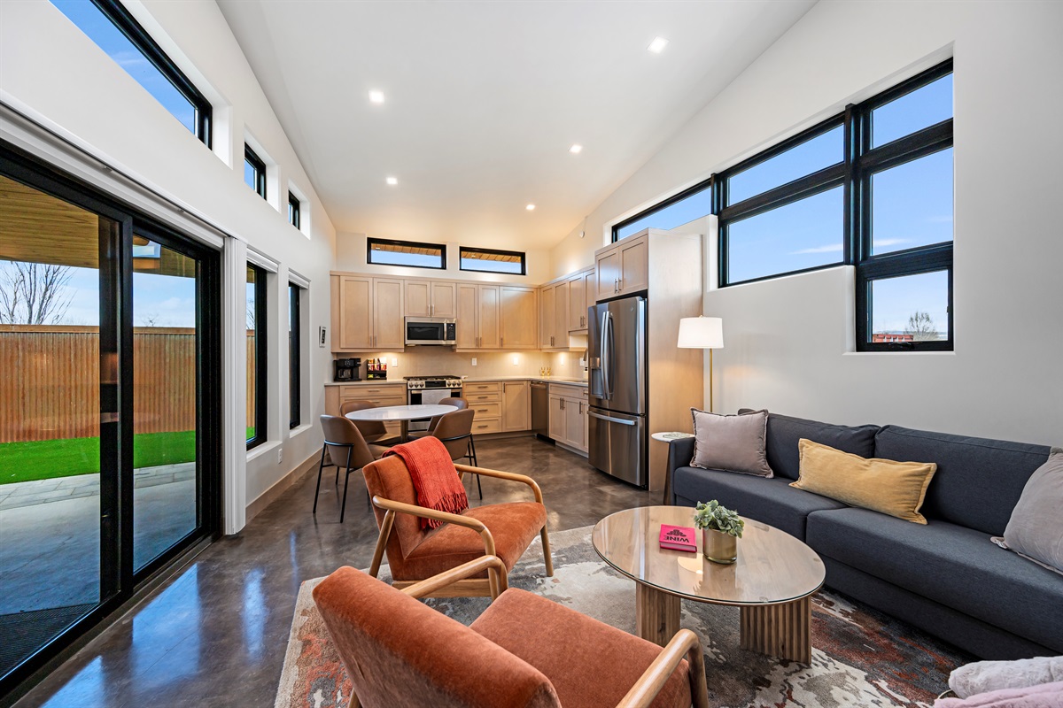 Open living and kitchen areas.