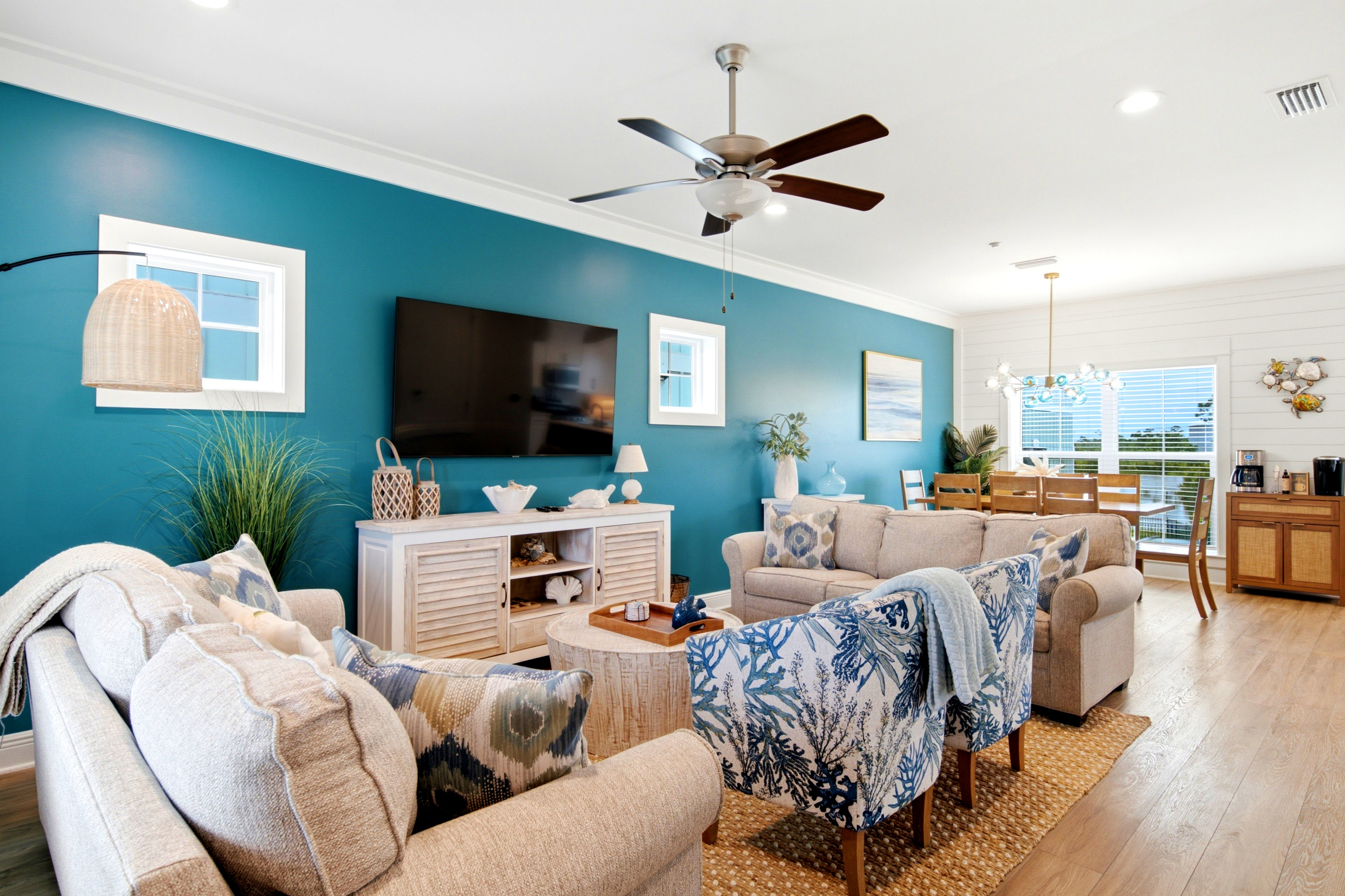 The entire family can settle in for their favorite shows streaming on the Samsung Smart TV with ROKU.  There is plenty of room for everyone with the two large couches and comfortable barrel chairs.