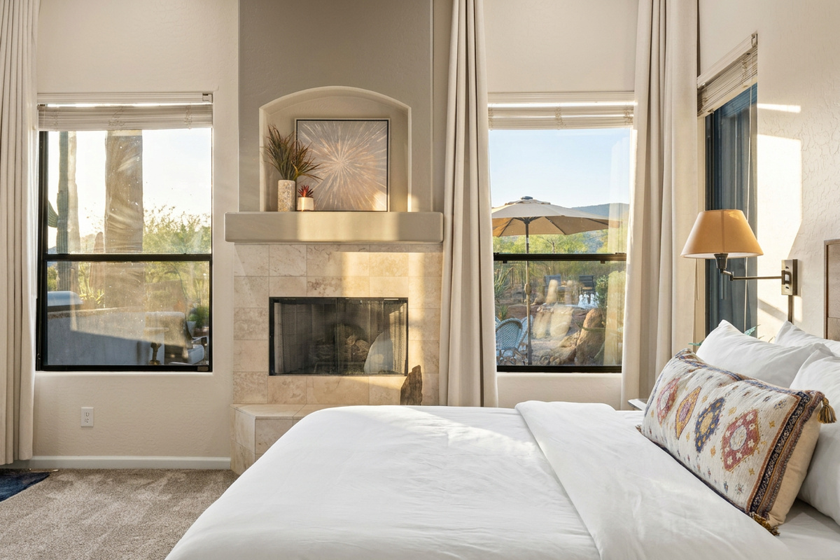 Cozy up in the primary bedroom suite for the best sleep of your life! Featuring gorgeous views, a gas fireplace, comfortable king mattress, white noise fan, Roku TV and black out curtains.