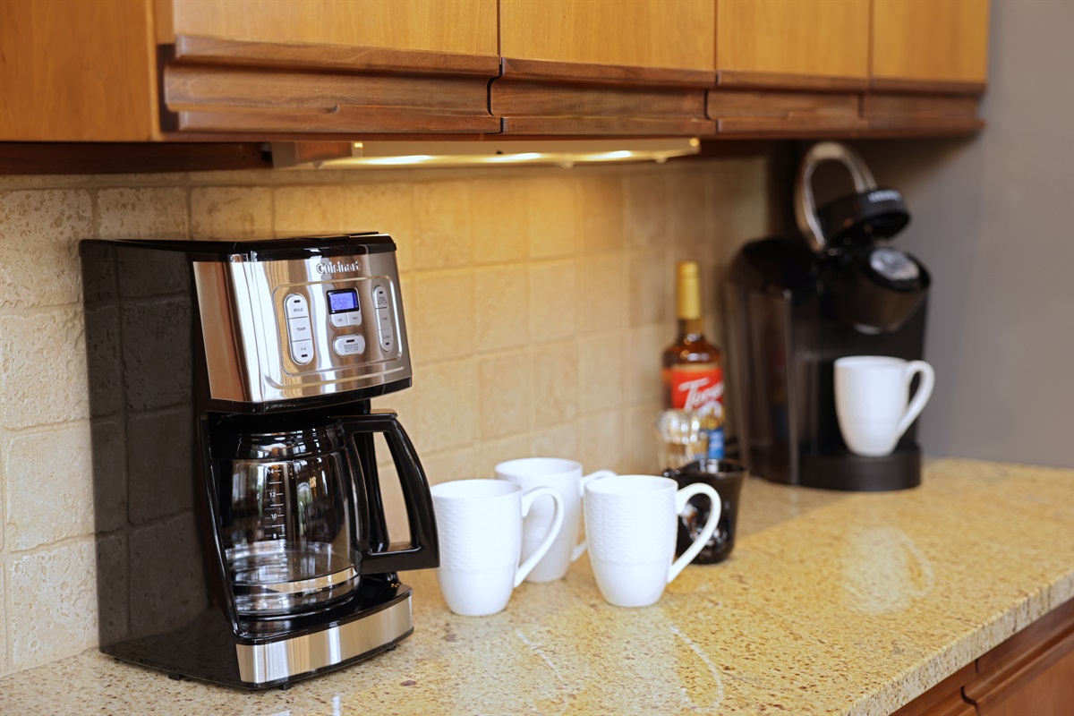 Kitchen Coffee area! Right drawer has a selection of teas and Peets coffee plus reusable Keurig K-cups and tea strainer.