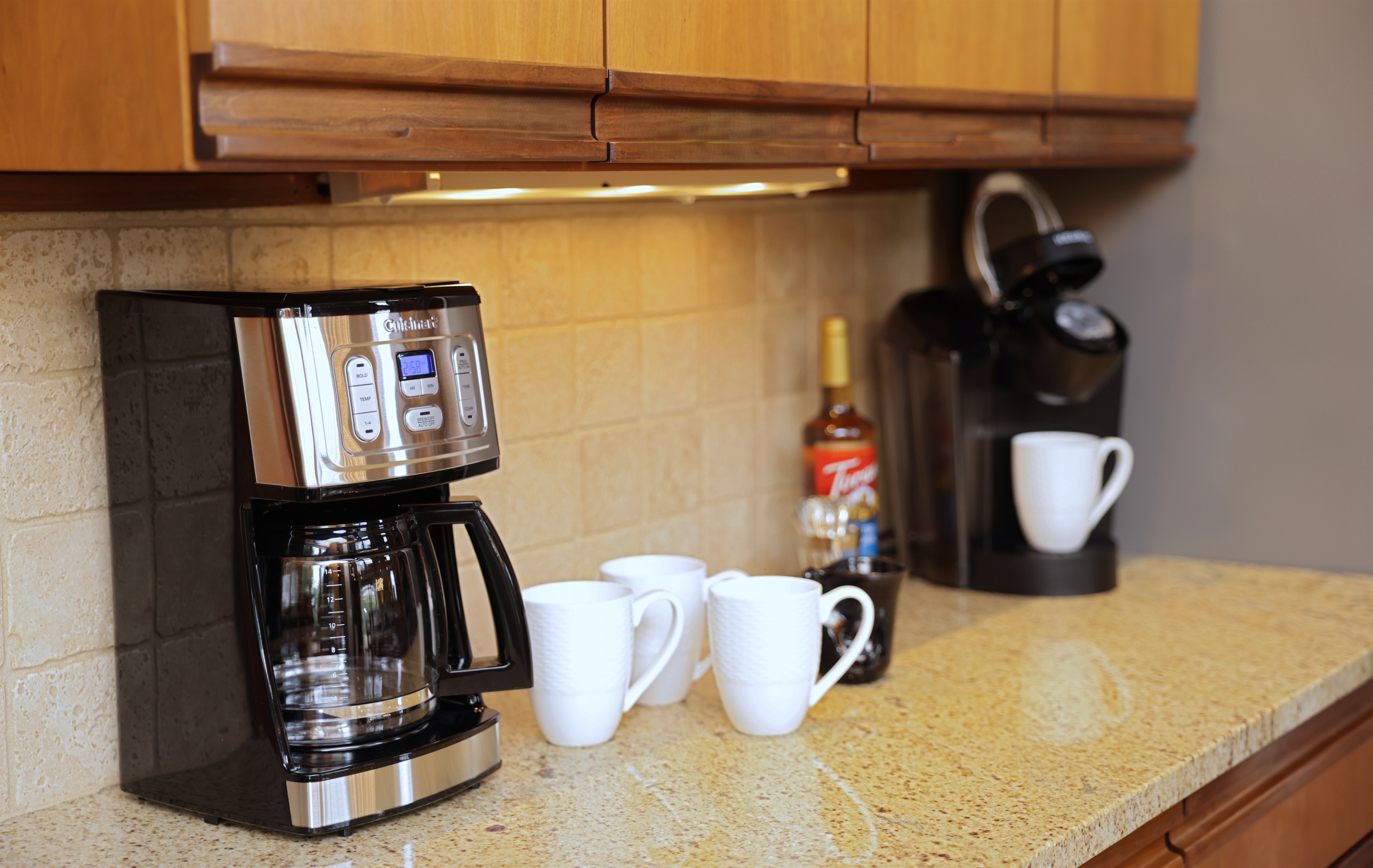 Kitchen Coffee area! Right drawer has a selection of teas and Peets coffee plus reusable Keurig K-cups and tea strainer.