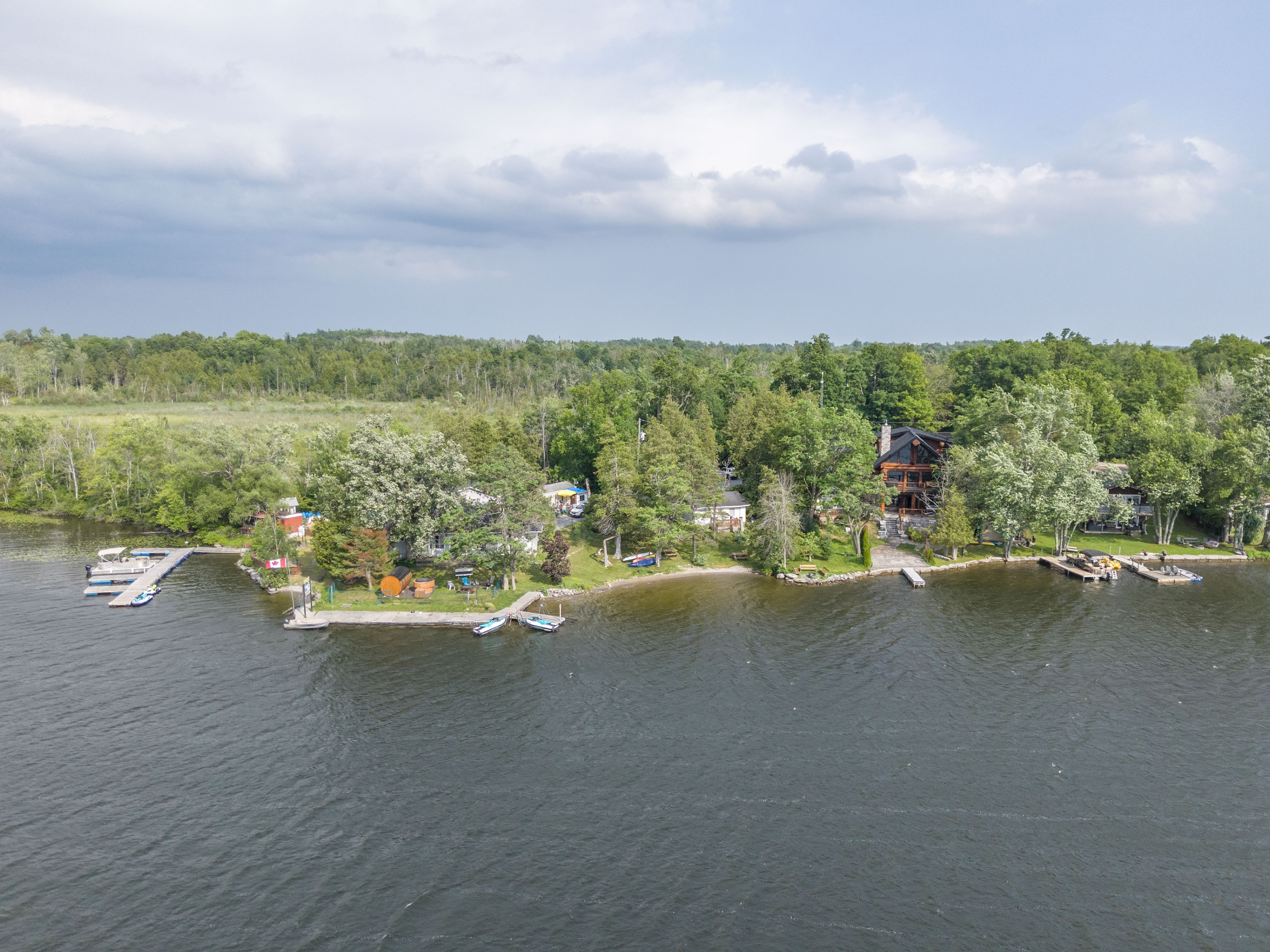 Aerial view of the cottages and surrounding shoreline