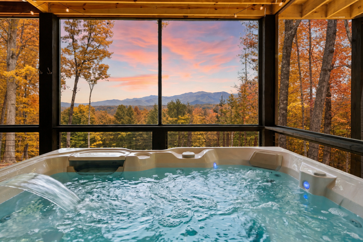 Soak in the six-person hot tub while taking in endless mountain and sunset views.