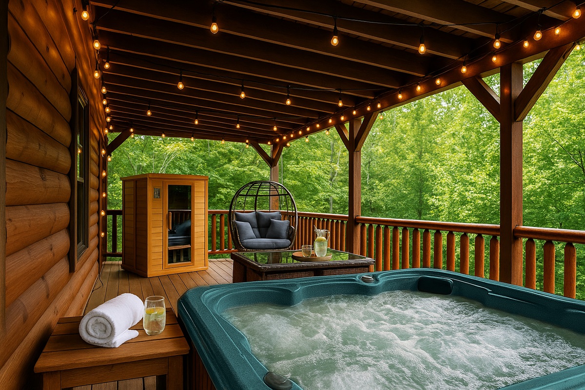 Afternoons on the downstairs deck. Take a dip in the hot tub, detox in the sauna, or lounge on one of the seats, all while soaking in nature