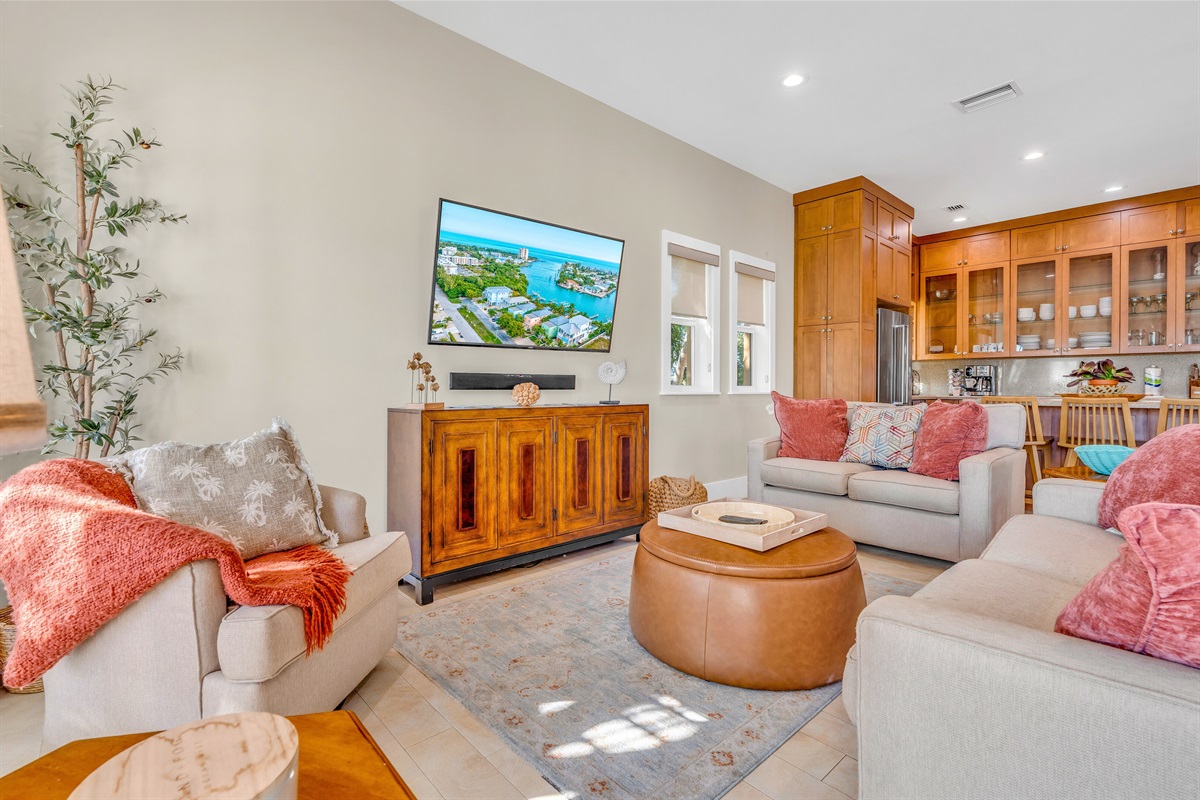 After a long day on the water, relax on the comfortable living room couches.