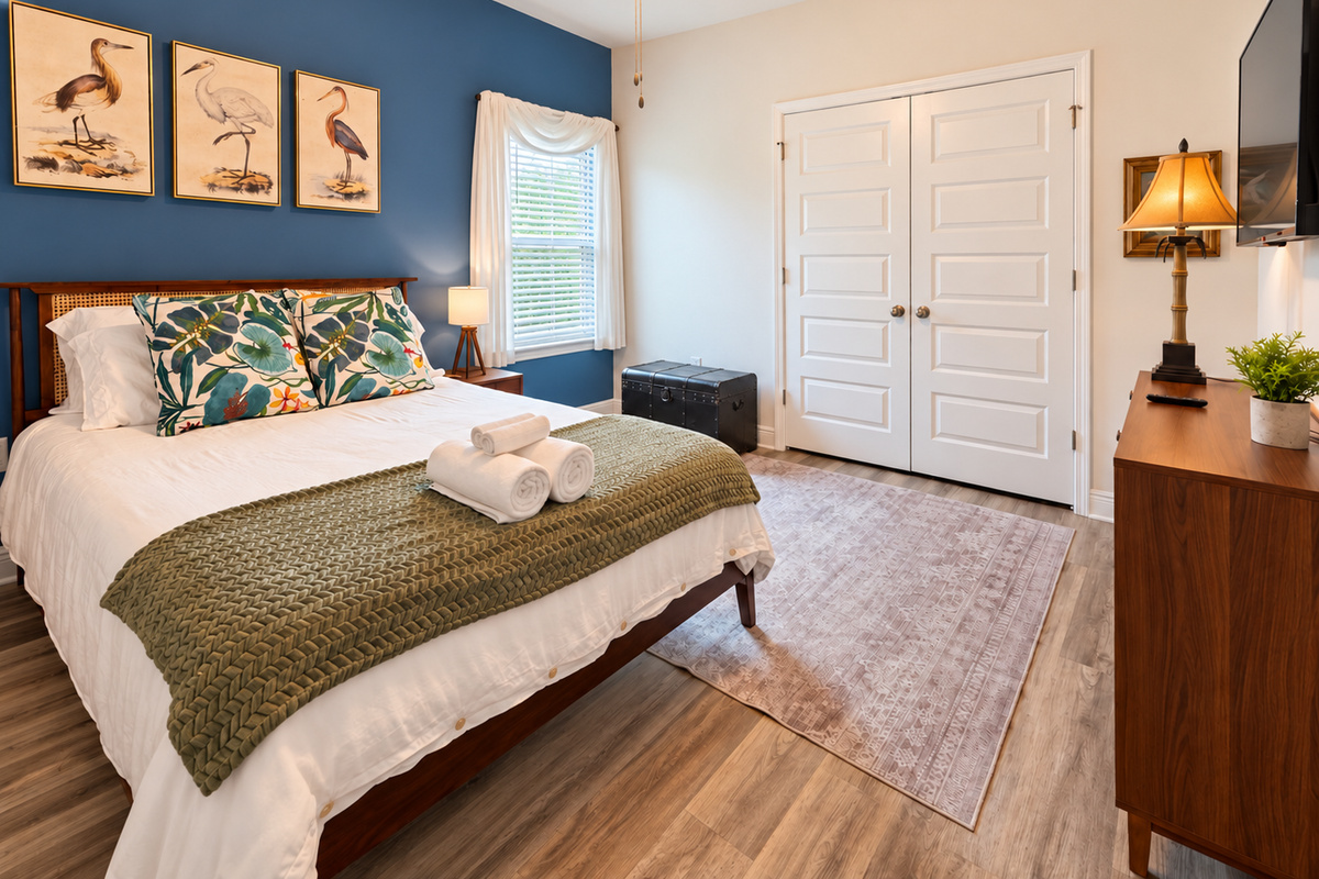 Cozy queen bedroom with high-end linens—peaceful retreat after exploring Port St. Joe.