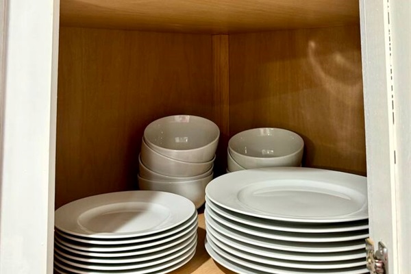 Ceramic dishes and plastic glasses for 8