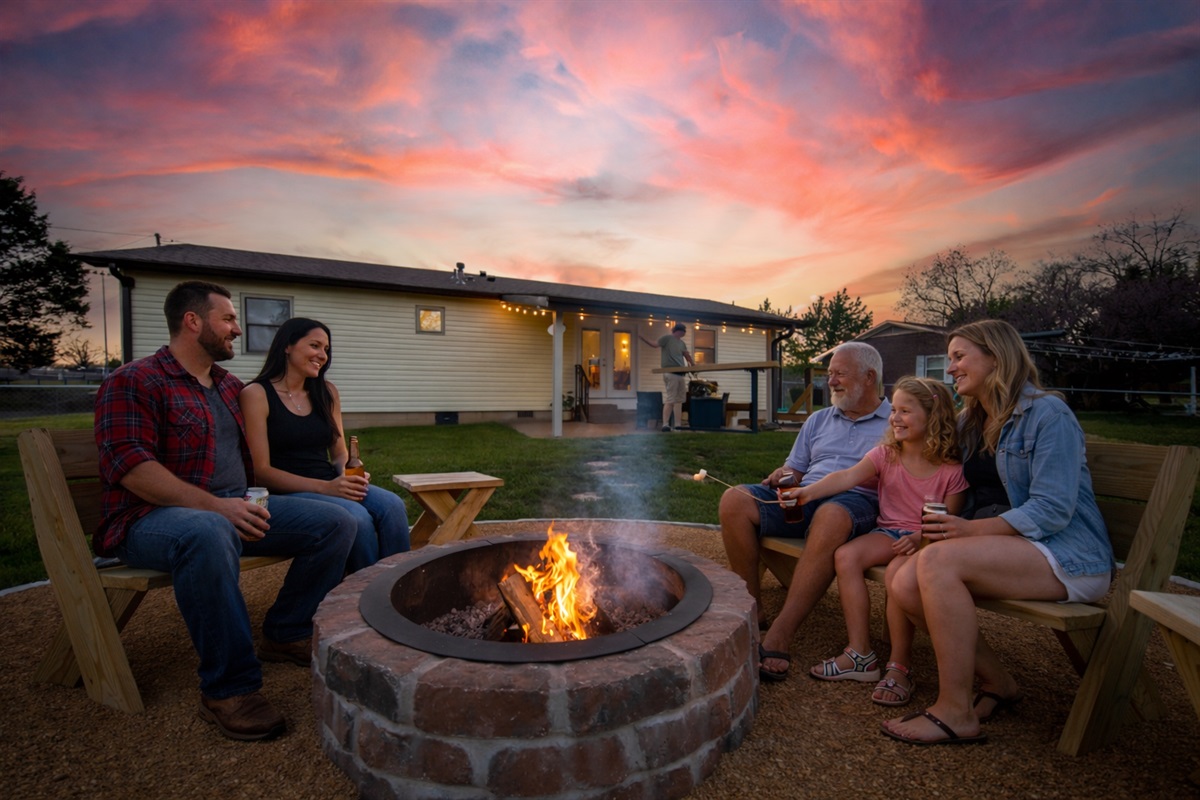 Unwind under Arkansas sunset skies with a backyard firepit, Adirondack seating, and room to gather—perfect for cozy evenings near downtown Rogers and local trails.