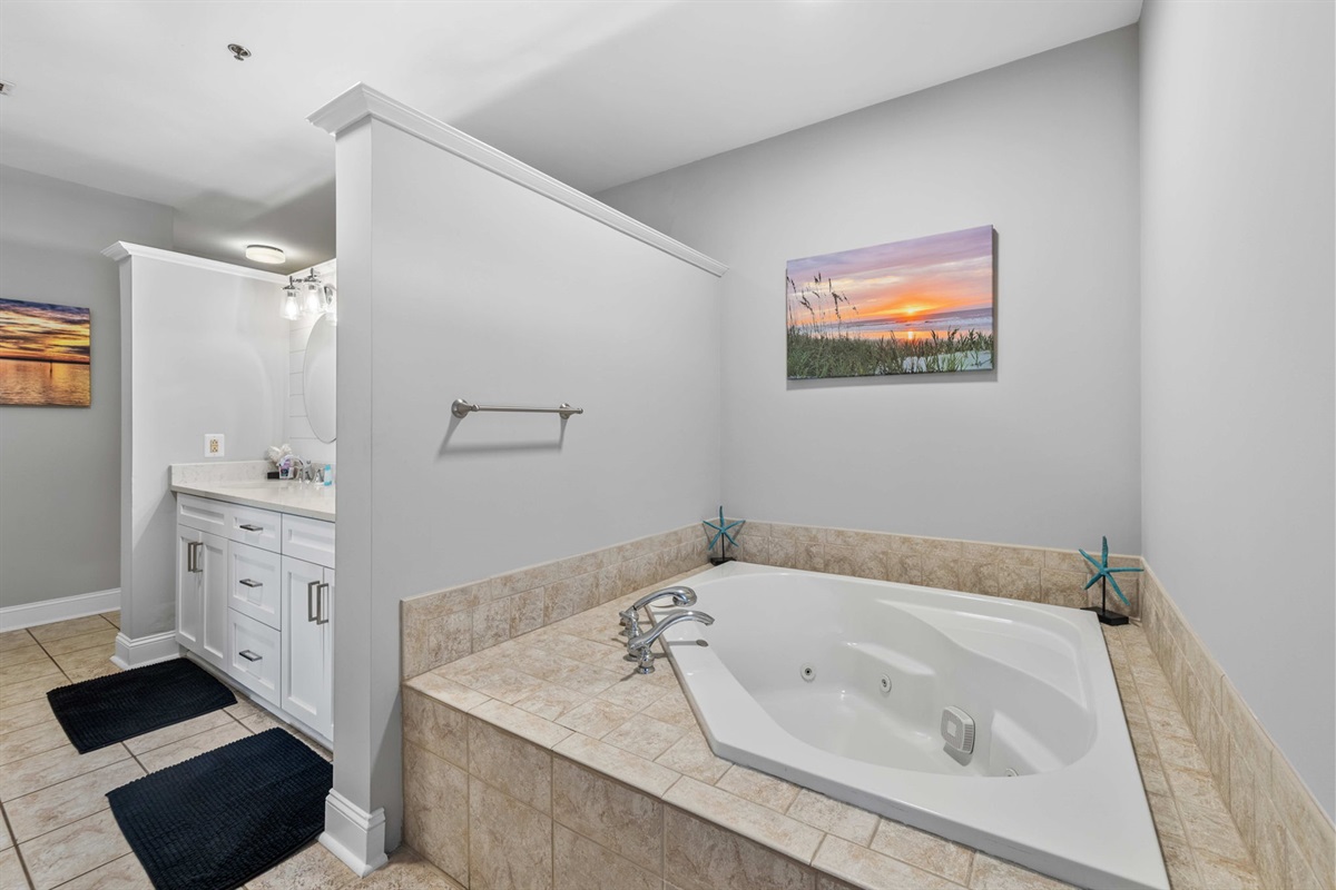 Bathroom 1: Primary Ensuite Bath  | Morning Sunrise | 302 Oceanview | 1116 Ocean Blvd, Isle of Palms, SC | IOP Escapes