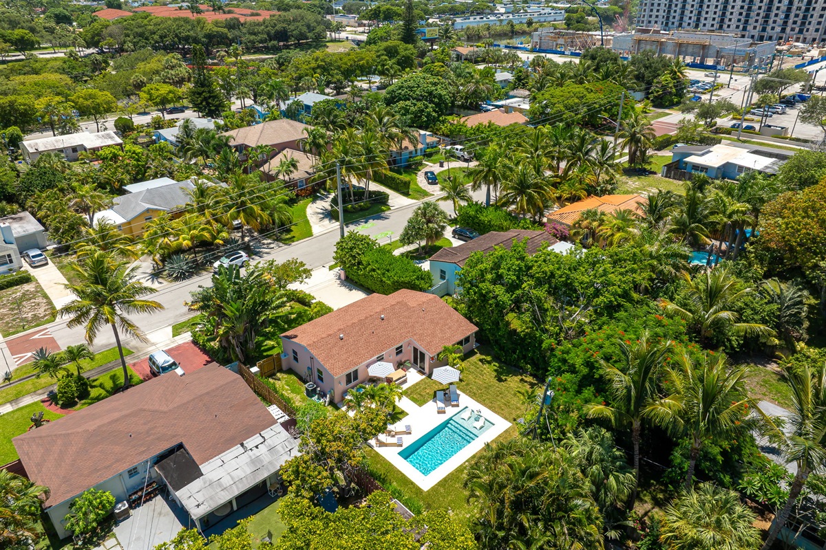 Aerial views of this SoSo West Palm Beach gem, nestled in a safe, family-friendly neighborhood just minutes from top beaches, dining, and amenities.