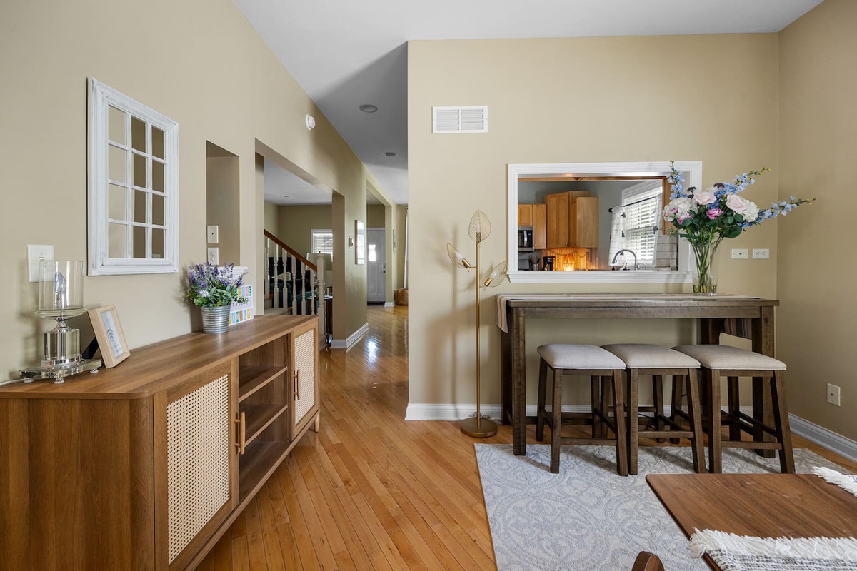 Dining room view of the front entry. The house is just open enough to feel included in all the spaces, yet you can still retreat and feel separated if you need. 
