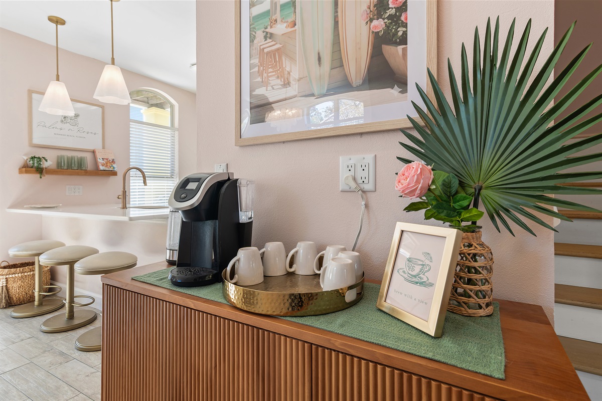 Fully-stocked Coffee Bar by the Kitchen!