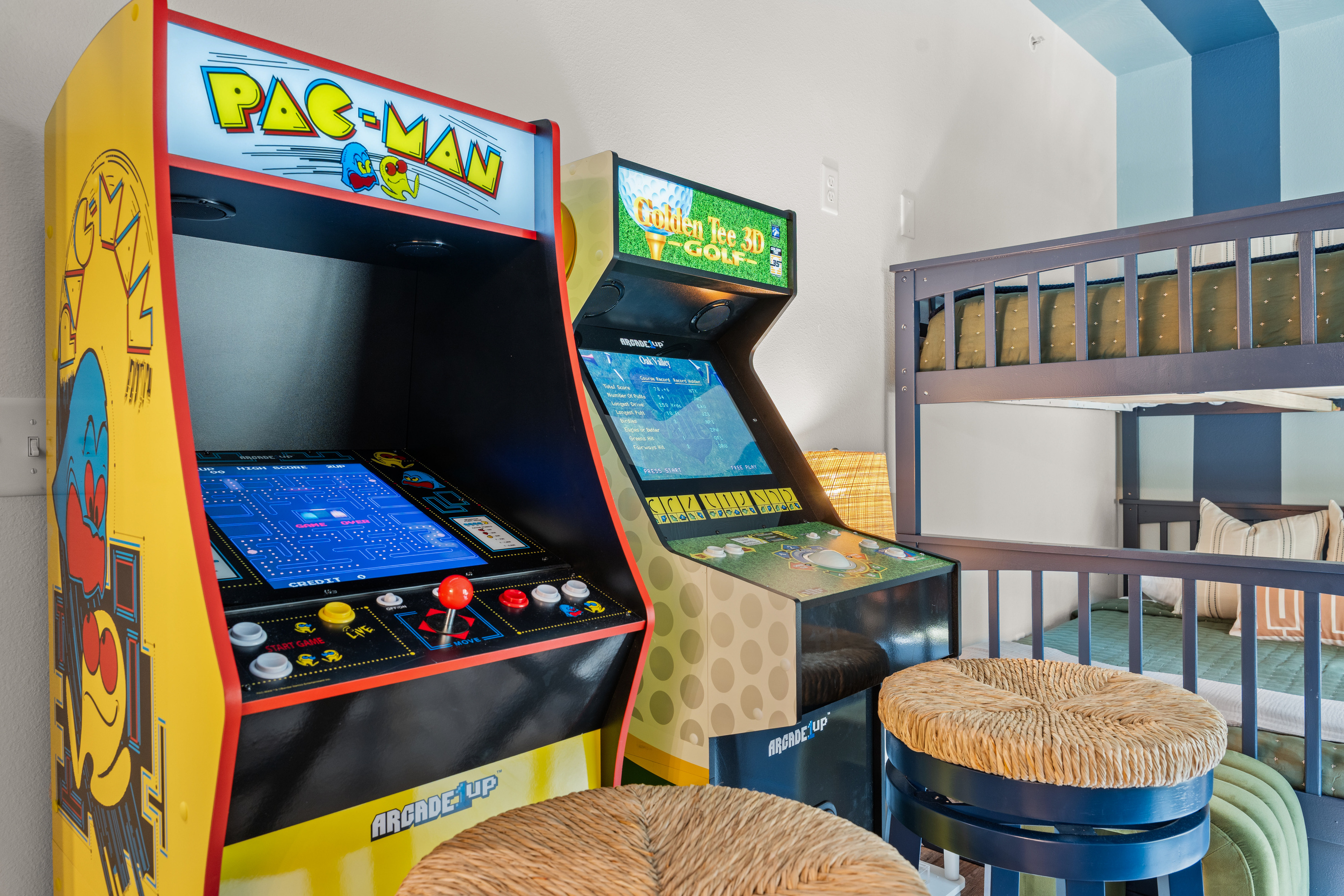 Chase a high score on the Pac-Man and Golden Tee arcade machines in the bunk-room game corner.