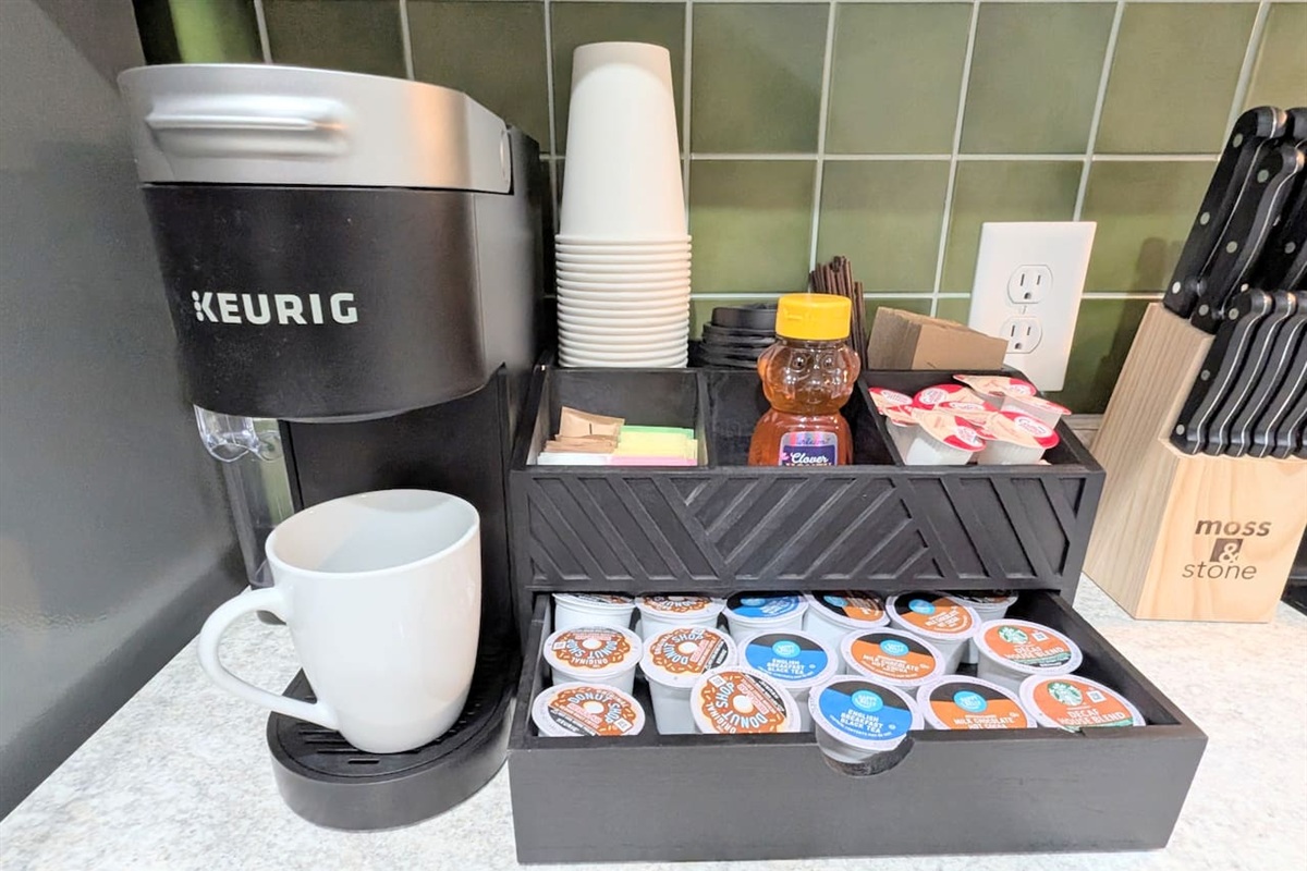 Brew a cup of coffee with all the fixings including to-go cups. 